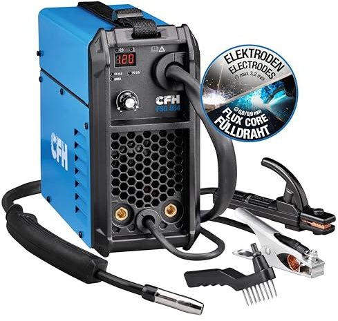 CFH Fülldrahtschweißgerät 120 A FSG 884 – MMA- & FLUX-Schweißgerät ohne Gas, mit Hot Start, Anti Stick & Arc Force, für Elektroden Ø 1,5–3,2 mm und Fülldraht Ø 0,8/0,9 mm, bis 4 mm Materialstärke