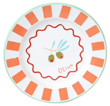 Talking Tables Handmade Enamel Dinner Plate 25cm with Mediterranean Olive Design - Durable, Household Plates, Perfect for Outdoor Dining, Summer Tableware