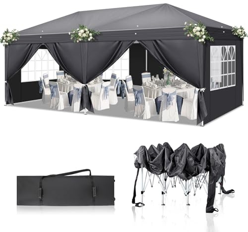 TactFire Pavillon 3x6 m,Faltpavillon,Wasserdicht Stabil Winterfest UV Schutz 50+,420D Oxford,Faltbar Höhenverstellbar,Partyzelt,Gartenzelt,Für Garten Camping,Outdoor,Grau,6 Seitenteilen