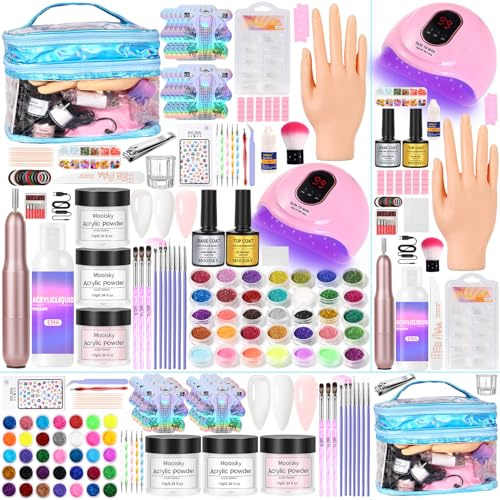 DouborQ Acrylic Nail Kit with Electric Nail Drill Nail Lamp,False Nail Tips Starter Set Acrylic Nail Art Supplies for Beginner with Everything (3 Color Set-C)