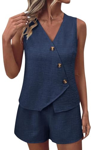 NSICBMNO Navy Lounge Sets For Women Shorts Co Ord Sets Summer 2 Piece Outfits Sleeveless Waistcoat V Neck Vest Tops Wide Leg Shorts Casual Tracksuits Travel Airport Outfits For Office Work Beach