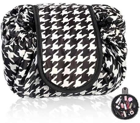 KASESSS Lazy Makeup Bag, Drawstring Make Up Bag, Wash Bag Portable, Large Capacity Toiletry Bags, Cosmetic Bags for Daily Use Travle, Lay Flat Makeup Bag Quick Pack Magic for Women Girls (Black)