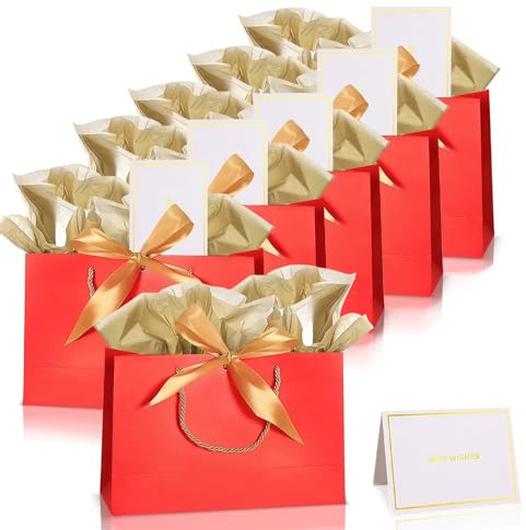 6 pezzi Sacchetti Regalo con Fiocco Rosso,Sacchettini Regalo Compleanno in Carta con Manici,Eleganti Medie Imballaggio Regali 6 Carte e 12 Veline per Compleanno,Matrimonio,Natale,San Valentino