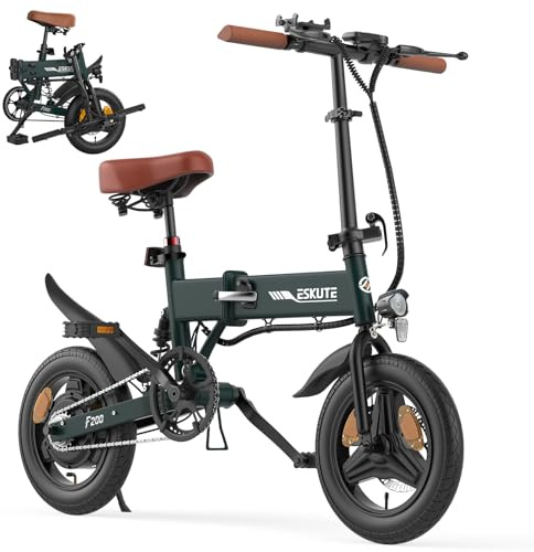 ESKUTE F200 Electric Folding Bike, 14 Electric Commuter Bicycle 36V 7.8Ah Battery, Range 30 Miles, Mini Folding Ebike with Phone Holder & USB Port, LCD Display, Foldable Ebike for Teens/Adults