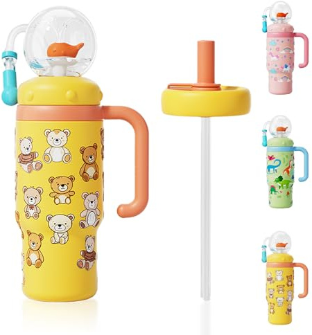 VICSPORT Drinking Cup with Whale Squirt, Stainless Steel Whale Fountain Tumbler, Whales Spray Straw Sippy Cups Water Bottle with Two Lids 24oz for Kids & Adults