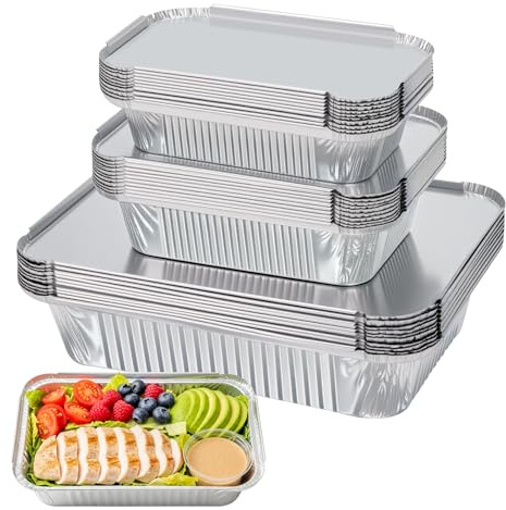 KICNIC 30 Pack Aluminium Foil Trays with Lids, 1750ml/700ml/410ml Foil Trays Containers, Deep Tin Foil Dishes for Cooking, Baking, Roasting, Storage, Takeaway