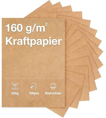 Kievano Papel kraft A4 160 g/m² – 100 hojas de papel natural marrón para manualidades e impresión, papel de cartón y papel de arcilla para manualidades, tarjetas, embalaje y proyectos creativos