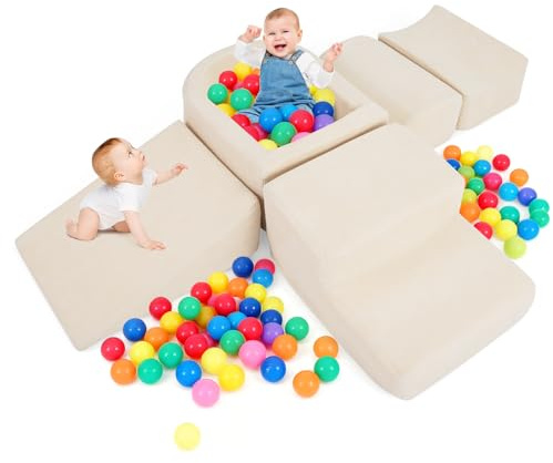 FANTASK 5-teilige Schaumstoffbausteine XXL, Riesen Kletterblöcke mit Bällebad, Großbausteine zum Toben & Klettern, Soft Spielbausteine für Zuhause, Kinderzimmer & Spielzimmer (Beige, Cordstoff)