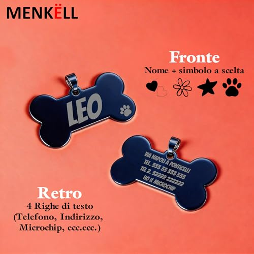 MENKËLL - Medaglietta Cane Personalizzata a Forma di Osso in Acciaio Lucido 50×30 mm, 20 g– Targhetta Cane con Incisione Laser di Nome e Dati – Simboli - Colore Argento (Blu)