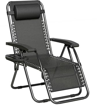 mcc direct Zero Gravity Sun Lounger Reclining Chair Set of 1 – Folding Outdoor & Garden Chairs with Textilene Fabric, Cup Holder and Headrest Pillow – BLACK FRAME & BLACK TEXTILENE