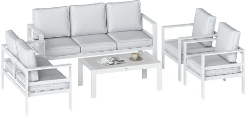 Outsunny Set Salotto da Giardino 5 Pezzi in Alluminio, Set di Mobili da Giardino con Cuscini Olefin, Sedute Profonde, Divano a 2/3 Posti, 2 Poltrone, Tavolo Effetto Legno, Salottino da Esterno, Bianco