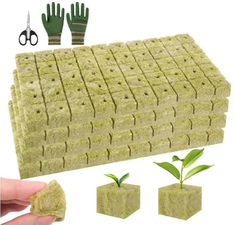 Kuvarix 200 Piezas Cubos de Lana de Roca 2.5 x 2.5 x 2.5 cm, Cubos de Cultivo Hidropónicos con Tijeras y Guantes, para Siembra, Plantación Hidropónica, Esquejes y Cultivo Agrícola