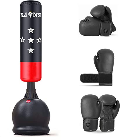 Lions Free Standing Punch Bags - Punching Thai Kick Boxing Martial Arts MMA Training Stand Sparring Fitness Exercise Set for Men Women Freestanding Dummy with Boxing Gloves 12oz