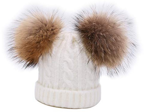 BeFur Kinder Winter Zopfmuster Bommelmütze Hut Beanie Cap mit zwei Bommel - weiß