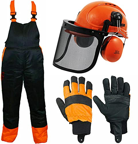 SPARES2GO Kettensäge Sicherheits-Latzhose mit Hosenträgern, Einheitsgröße, 86,4 cm - 96,5 cm + Helm mit Gehörschutz, Visier + Schutzhandschuhe (Größe 10)