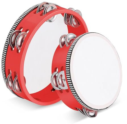 Flexzion Tamburin, Handtrommel mit Handgriff - 2er-Pack, 20cm+15cm Schellenkranz in Mond-Form aus Holz, Musik Schlaginstrument, zweireihige Schellenring mit Metall Schellen, Rot