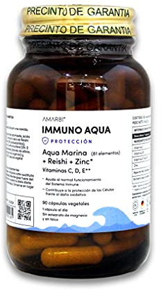 IMMUNO AQUA 90 cápsulas. Fortalece defensas con Reishi, vitaminas C, D, E, Zinc y todos los minerales de la tabla periódica encontrados en el agua de mar.