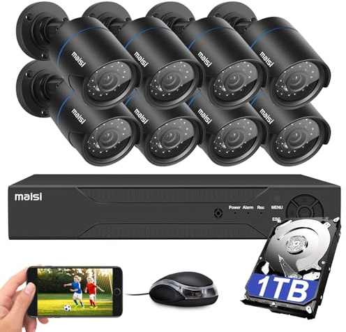 Maisi 8CH 3K DVR Recorder CCTV Security Camera System with 1TB Hard Drive, 8x 5MP Outdoor Bullet Cameras, IP66 Waterproof, Night Vision, APP Push and Email Alert, 24/7 Continuous/Motion Recording
