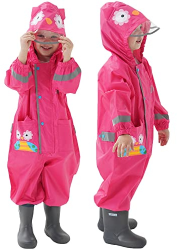 Combinaison de Pluie Enfant, Imperméable Garçon Fille Manteau de Pluie Veste à Capuche Poncho Léger Animal Imprimé Rayure Réfléchissante Outdoor Imperméables XL 7-9 Ans
