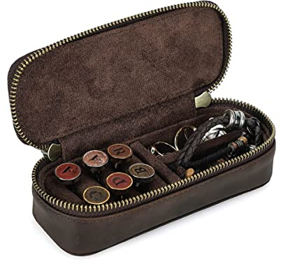 Hiram Genuine Leather Jewelry Box Case, Crazy Horse Cowhide Leather Travel Jewelry Box Case, Double Metal Zippers Travelling Box for Rings,Cufflinks and Jewelry