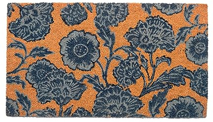 Eco Living Coir Door Mat, Floral Print Entryway Floor Mats with Non-Slip PVC Backing, Indoor Outdoor Mat for Front Door Decor, Door Mat, Welcome Mats with Chelsea Flower Print, Blue, 30”x 17”