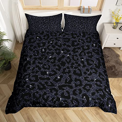 Set copripiumino con stampa leopardata con glitter ghepardo e stampa set di biancheria da letto per bambini ragazzi ragazze animali selvatici set copripiumino in microfibra geometrico copriletto nero