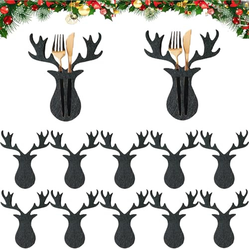 12 Pezzi Portaposate in Feltro di Natale, Portaposate Albero di Natale, Tasca per le Posate Albero di Natale Decorazione da Tavola,Portaposate di Natale, per la Tavola Delle Feste Decor Natalizia