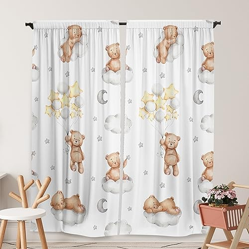 Yilinata Tende a tema orso, per bambini, ragazzi e ragazze, kawaii, orsetti addormentati, nuvola, palloncini, asilo nido, con tasca per asta, tende per casa, soggiorno, camera da letto, decorazione