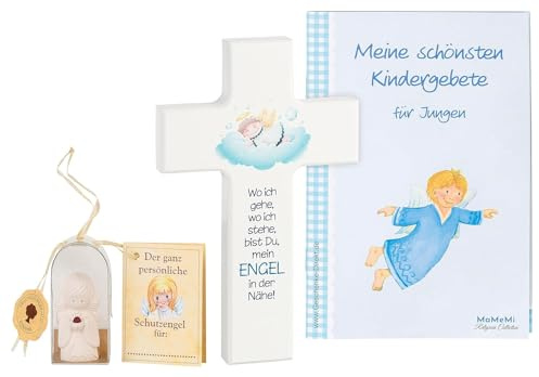 Gåva – set för födelse och dop för pojkar, kors för barn (15 x 9 cm) med elegant keramisk skyddsängel