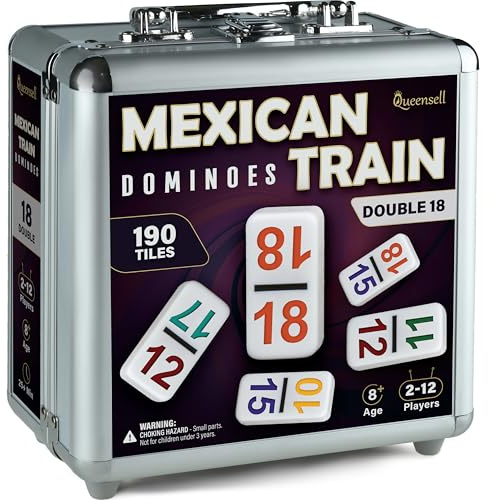 Queensell Mexican Train Dominoes Set with Numbers - Double 18 Dominos Set for Adults and Kids - Mexican Dominoes Train Game Night Games for Adults with Wooden Hub and Aluminum Case