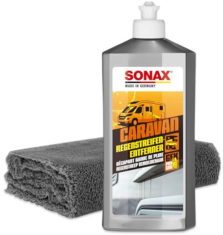 Sonax Caravan - Set di rimozione per strisce di pioggia, 500 ml + panno in microfibra, detergente intensivo abrasivo per la rimozione di strisce di pioggia su vernice e GfK