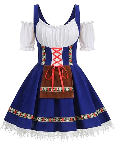HAPNBCELE Oktoberfest Costume for Womens, German Dirndl Dress One-Shoulder Traditional Bavarian Carnival Halloween Outfits (Blue, Medium)