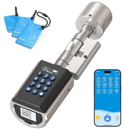 RUILON 5-en-1 Serrure a code - IP65 Serrure connectée porte entree avec 3 cartes RFID, Serrure electronique sans clé Cylindre réglable 30x30 pour les portes de 30-70 mm d'épaisseur maison PCB10EBL51