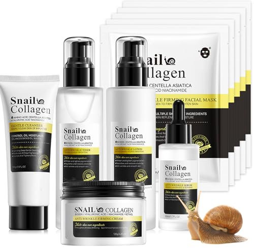 Snail Mucin Gesichtspflege Set, Snail Collagen Skincare Set, Schneckenschleim Creme Mit Hyaluron, Snail Power Essence, Collagen Maske Und Cleanser, Toner, Lotion, Hautpflege Für Frauen