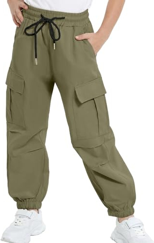 JiAmy Girls Cargo Trousers Drawstring Elastic Waist Kids Casual Baggy with Multi Pockets Trouser Dance Y2k Hip-hop Pants for 9-10 Years,Green