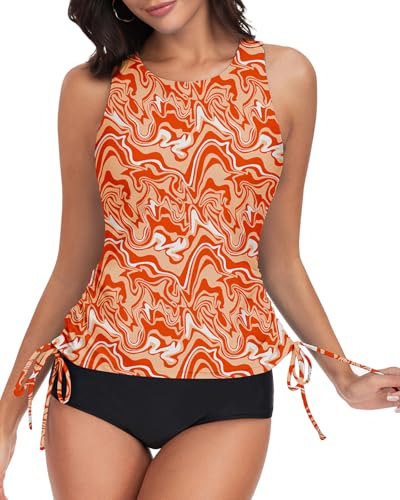 WOWENY Tankini para Mujer,Traje de baño Deportivo con Copas de Secado rápido, Ropa de Playa (Solo Parte Superior de Tankini Ola Naranja L