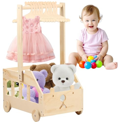 Gatphy Babykorg för nyfödda trä 37,5 x 25 x 22 cm, babykorg med 10 dockgalgar, med hjuldesign, trä, en presentkorg som kan kompletteras med mjuka djur, gratulationskort, kläder (med hjul)