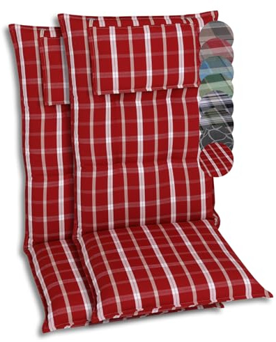 GO-DE Textil Bequeme und attraktive Polsterauflagen für Hochlehner-Gartenstühle (2er-Set, Karo rot, Hochlehner)