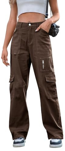 IVIR Cargo Pants Women High Waist Wide Leg Casual Pants with 7 Pockets Stretchy Drawstring Baggy Y2K Trousers Brown L