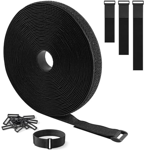 Adjustable Cable Straps with 30 Buckles, Cut-to-Length Hook and Loop Strips, Black Reusable Fastening Cable Ties for Cable Tidy, Wire Management, Cord Organiser