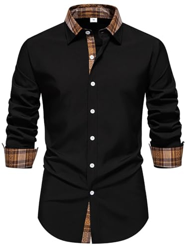 Allthemen Camisa de Vestir Formal para Hombre Manga Larga Shirts Traje Slim Fit Cuadros Solapa con Botónes Negocios Negro XL