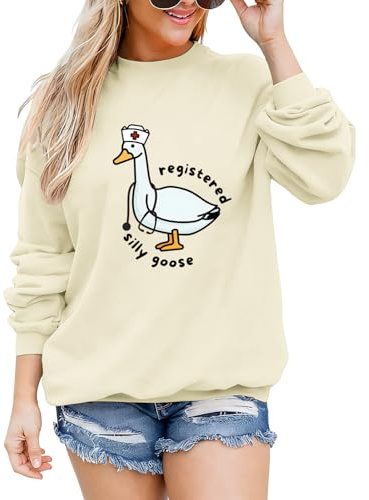 QISSYILY Nurse Graphic Crewneck Sweatshirt for Women Funny Silly Goose Pullover Cute Registered Nursing Gift Long Sleeve Tops(Apricot,L)