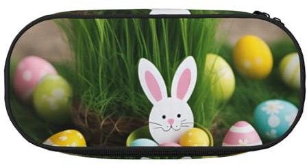 Sac de rangement portable en bois avec compartiments zippés, motif œuf de Pâques, lapin, herbe