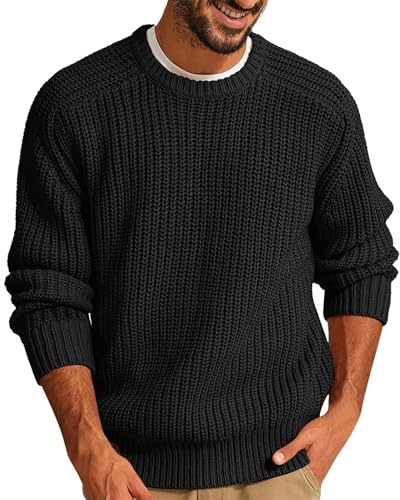 Darringls Maglione da uomo a maglia grossa a Ribbed, maglione invernale caldo, maglione lavorato a maglia, tinta unita, da uomo, a maglia, vintage, maglione da lavoro, Nero , XL