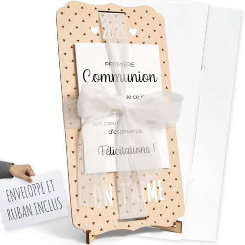 nagu® Primera Comunión. Regalos para Niño o Niña. Tarjeta Regalo Personalizada para Comunión o Regalos Invitados Boda de Madera, con Lazo, Sobre, Soporte y Letras Para Regalar Foto o Dinero
