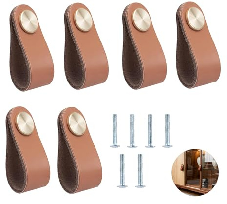 Sylkeov 6 Tiradores de Cuero para Muebles, Pomos de Piel para Cajas y Armarios, Manija del Gabinete de Cuero, Tiradores Decorativos de Cuero 140mm x 25mm, Elegantes y Funcionales para el Hogar