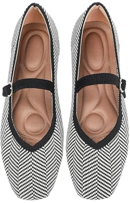 Maqixz Knit Flats for Women Square Toe Casual Ballet Flat Shoes with Ankle Strap Washable Comfortable Formal Mary Jane Flat Shoes Black Striped-8.5
