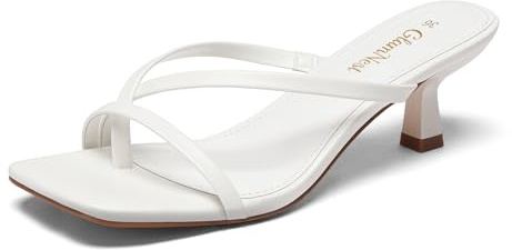 Glamnest Sandali da donna con tacco a gattino con punta quadrata e zeppa aperta infradito con tacco basso sandali infradito con tacco a punta aperta scarpe da festa e abito da cerimonia, bianco, 37.5