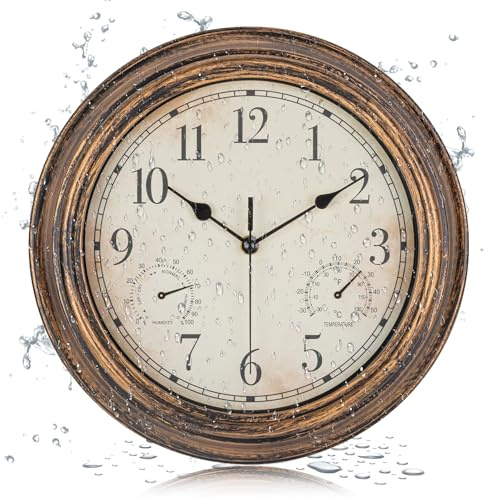 Yohaoupty Outdoor Garden Wall Clock, Waterproof Vintage Wall Clock with Thermometer and Humidity, 12 Inch/30cm Non-Ticking Weatherproof Hanging Clock for Patio, Pool, Porch, Garden, Bathroom, Bronze