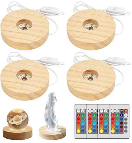 BAIFULAI 4 stycken LED-bas, träbas, rund LED-lampbas, ljusbas med USB-strömbrytare fjärrkontroll, 7 färger, LED-lampor, display bas för glasblock, kristaller, glas, harts, konst (8 x 2 cm)